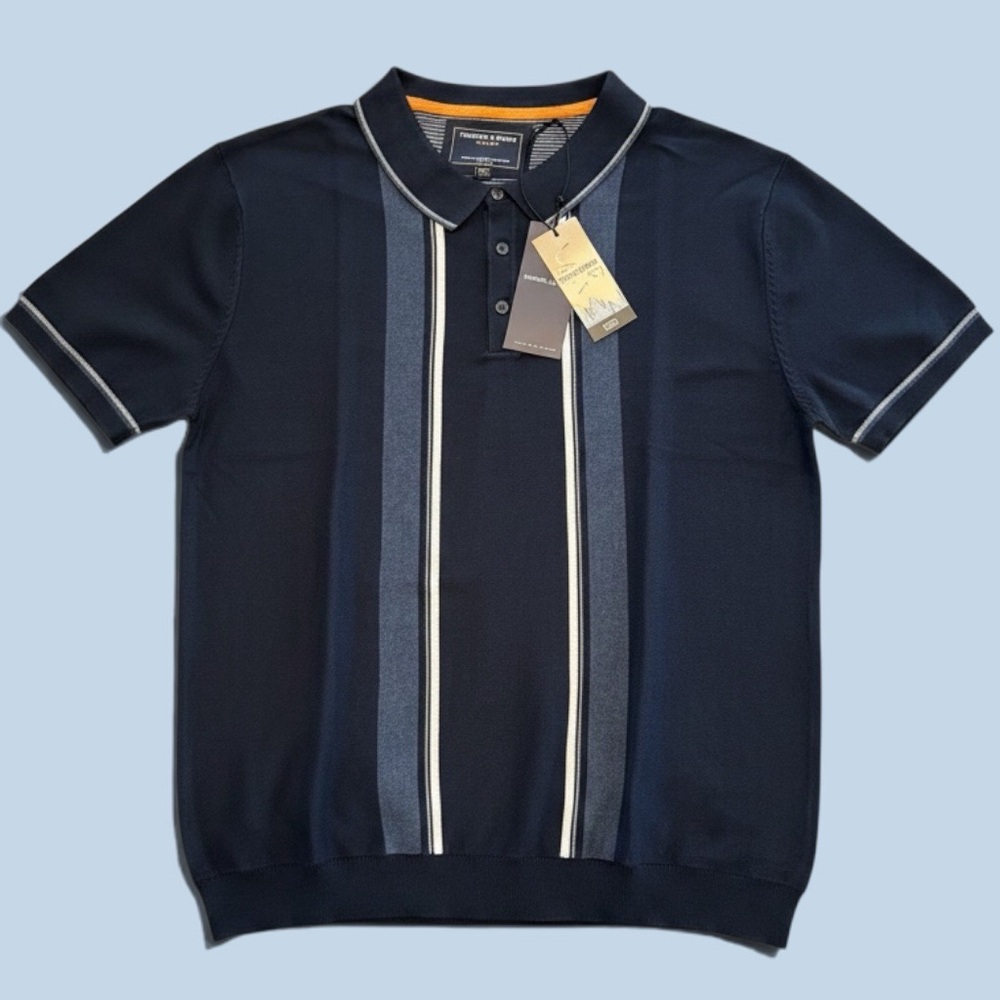 Men’s Short-Sleeve Polo  with Vertical Stripe Accents, Blue, NEW